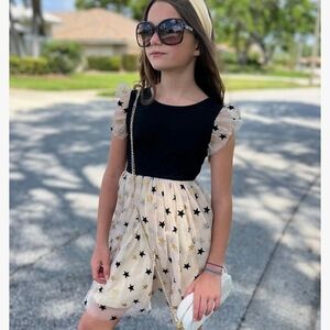 Charming Starry Kids Dress in Black and Cream